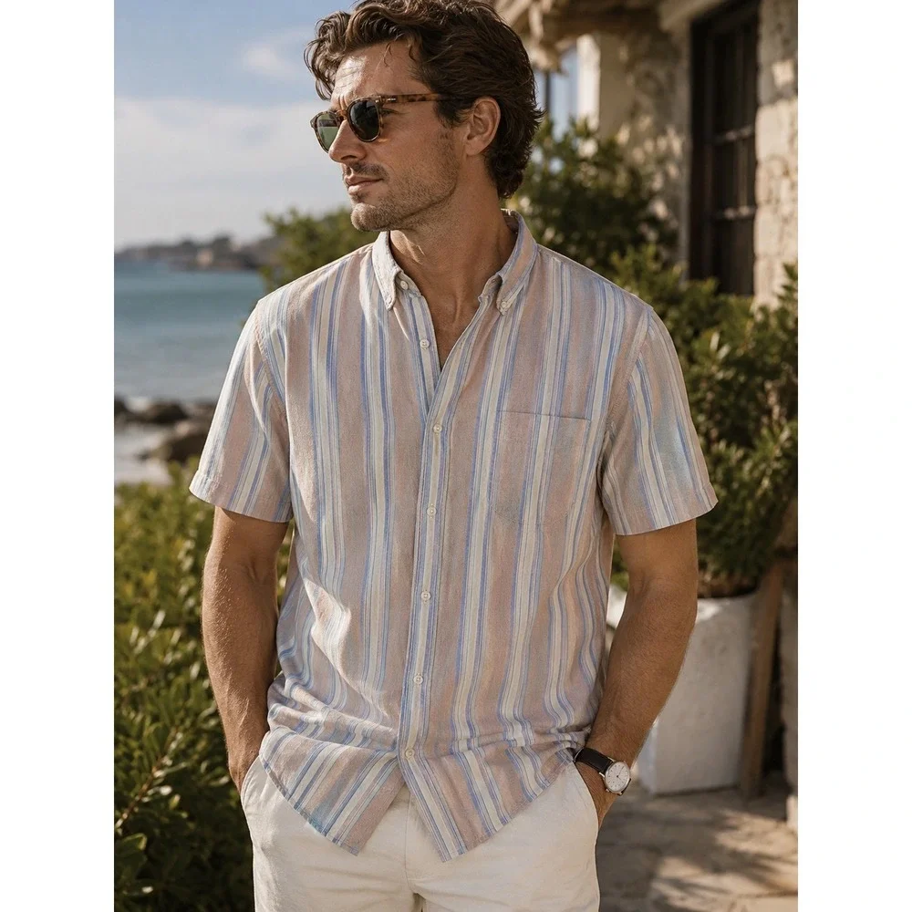 J.Crew Mens XL Slim Broken-In Oxford Shirt Short Sleeve Striped Organic Cotton